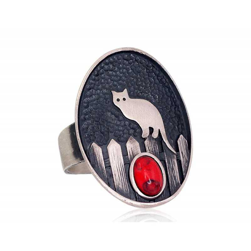 Sudraba gredzens 2101690(Matt+POx-MattBk)_COX, Sudrabs	925°, oksids (pārklājums), Korallis (Imitācija) 