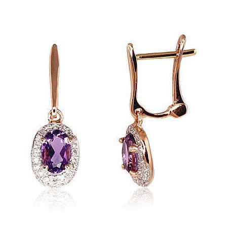 Zelta auskari  1200392(Au-R+PRh-W)_DI+AM, Sarkanais Zelts	585°, rodijs (pārklājums) , Briljanti , Ametists 