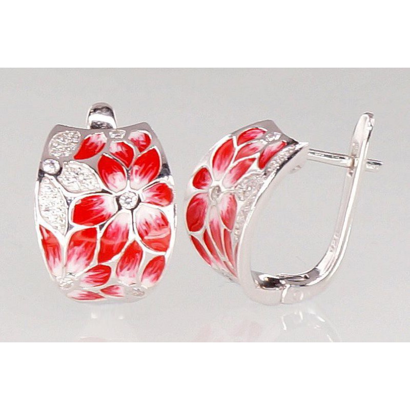 Sudraba auskari ar  angļu  slēdzēju 2201012(PRh-Gr)_CZ+ML-R+ML-W, Sudrabs	925°, rodijs (pārklājums), Cirkoni , Juvelieru emalja