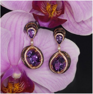 Zelta auskari-puseti 1200803(Au-R+PRh-Bk)_DI+AM, Sarkanais Zelts	585°, rodijs (pārklājums) , Briljanti , Ametists 