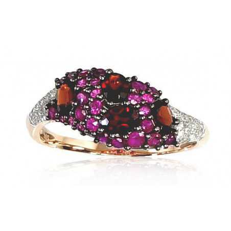 Zelta gredzens 1100196(Au-R+PRh-W+PRh-Bk)_DI+RB+GR, Sarkanais Zelts	585°, rodijs (pārklājums) , Briljanti , Rubīns , Granāts 