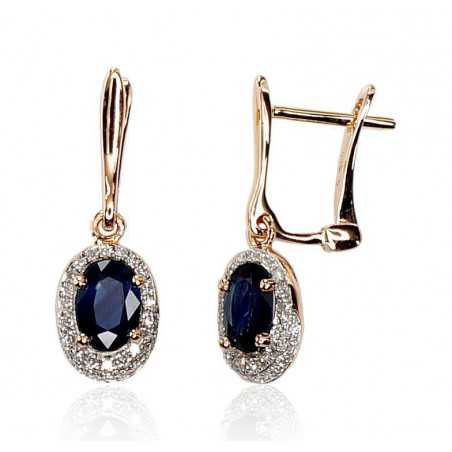 Zelta auskari  1200392(Au-R+PRh-W)_DI+SA, Sarkanais Zelts	585°, rodijs (pārklājums) , Briljanti , Safīrs 