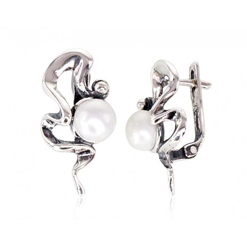 Sudraba auskari ar  angļu  slēdzēju 2201132(POx-Bk)_PE, Sudrabs	925°, oksids (pārklājums), Pērles 