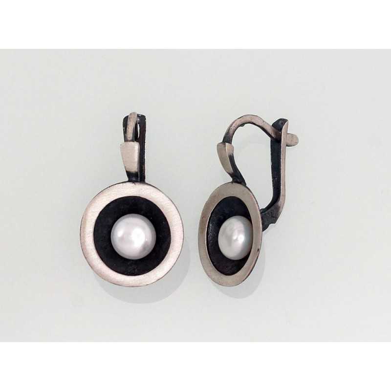 Sudraba auskari ar  angļu  slēdzēju 2202830(Matt+POx-MattBk)_PE, Sudrabs	925°, oksids (pārklājums), Pērles 