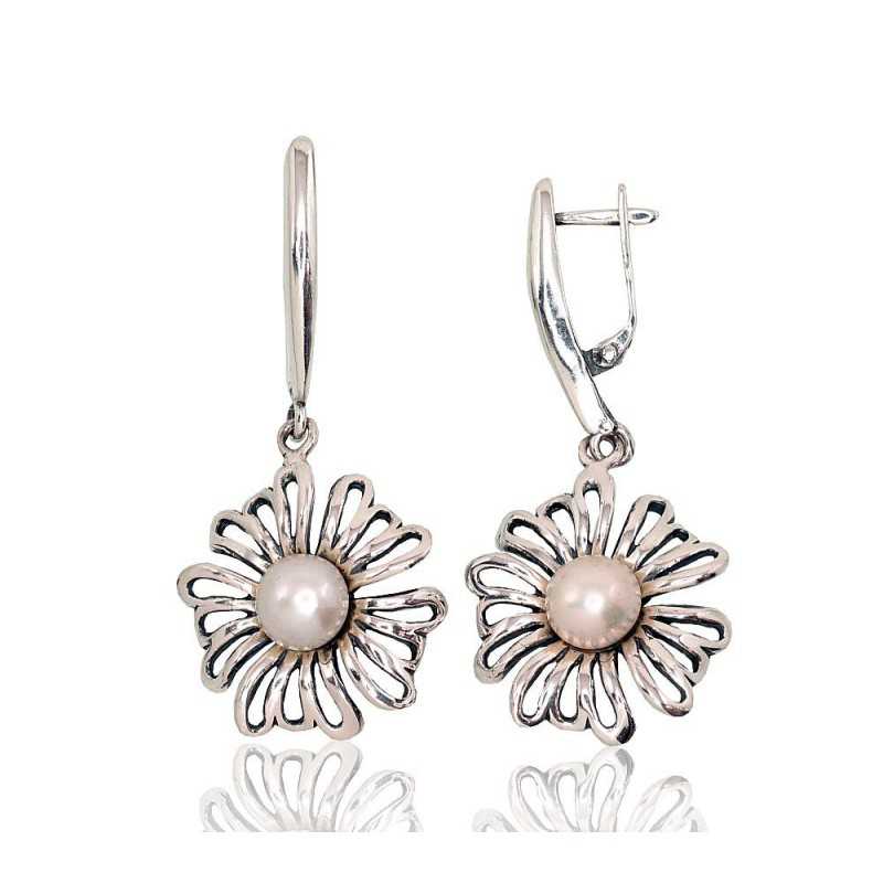 Sudraba auskari ar  angļu  slēdzēju 2202836(POx-Bk)_PE, Sudrabs	925°, oksids (pārklājums), Pērles 