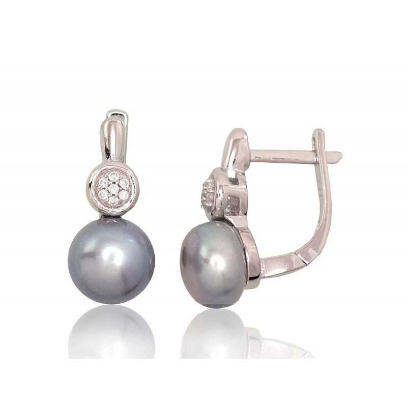 Sudraba auskari ar  angļu  slēdzēju 2202935(PRh-Gr)_CZ+PE-GR, Sudrabs	925°, rodijs (pārklājums), Cirkoni , Pērles 