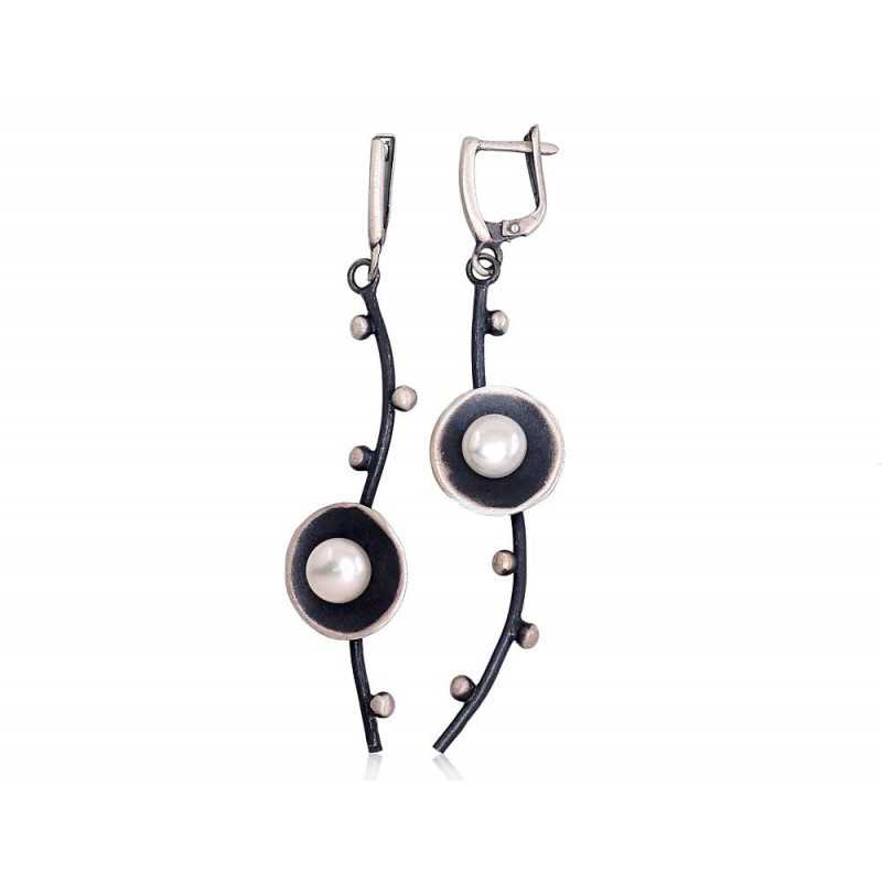 Sudraba auskari ar angļu slēdzēju 2203284(Matt+POx-MattBk)_PE, Sudrabs	925°, oksids (pārklājums), Pērles 