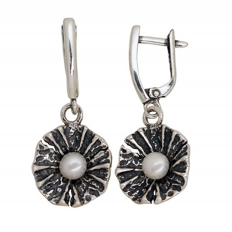 Sudraba auskari ar  angļu  slēdzēju 2203541(POx-Bk)_PE, Sudrabs	925°, oksids (pārklājums), Pērles 